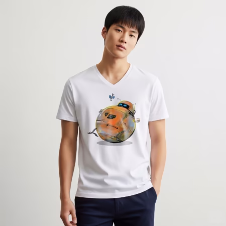 White V-Neck T-Shirt - Orange Robot