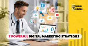 Doctor using laptop with digital marketing icons and analytics dashboard representing digital marketing for Indian doctors to grow online presence.